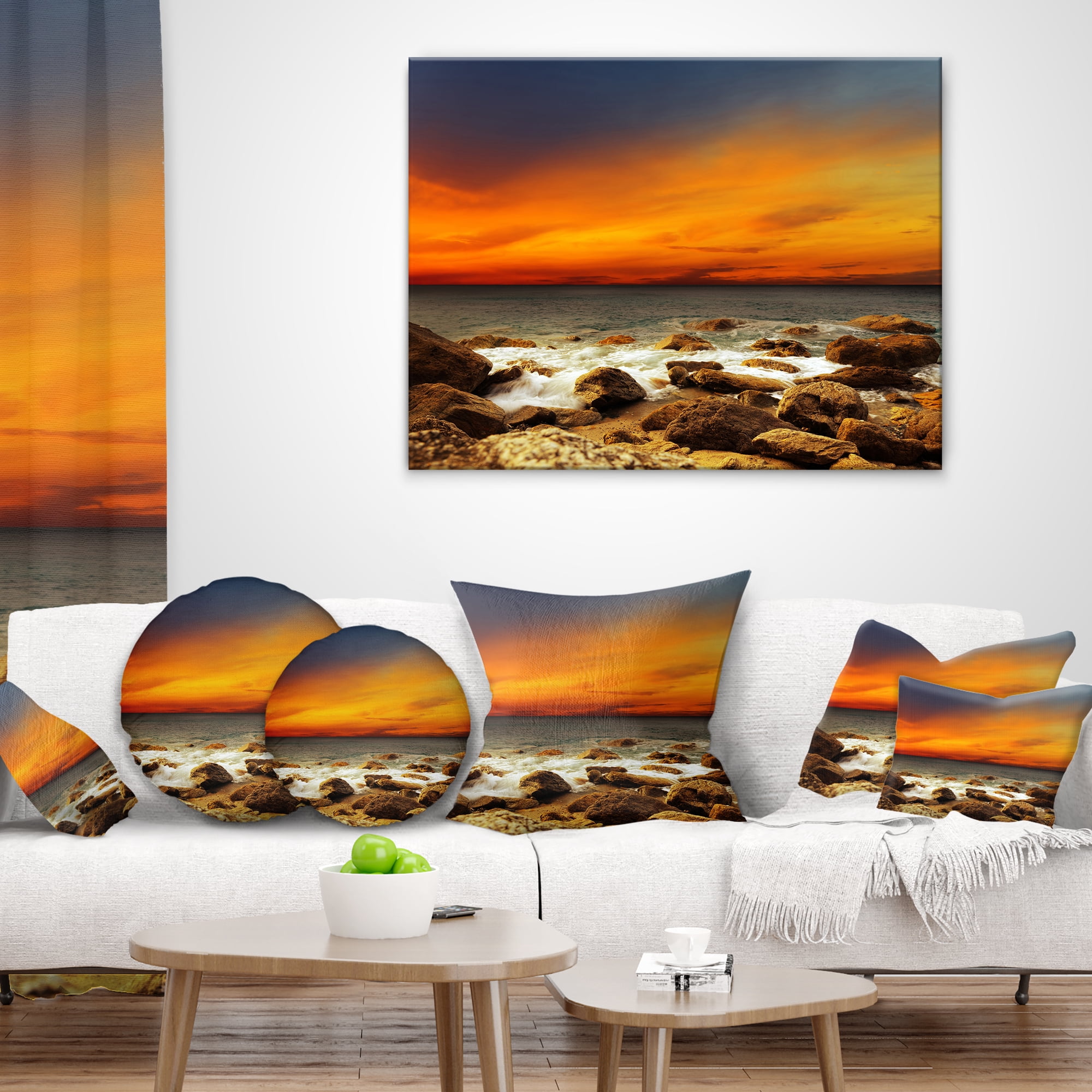 Designart Red Sky over Rocky Seashore - Beach Photography Throw Pillow - 12x20