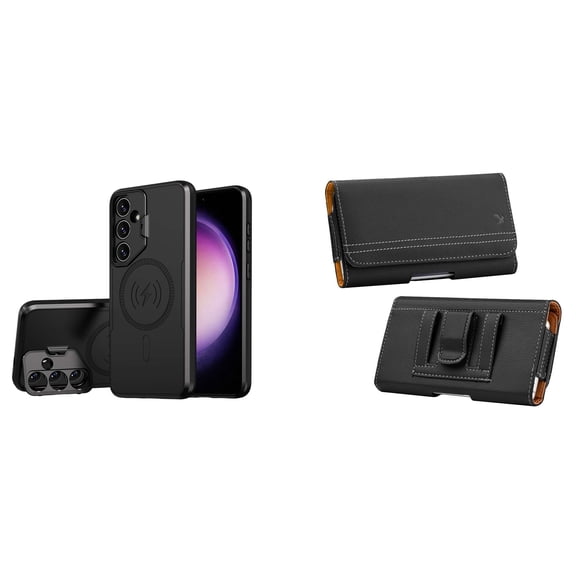 Bolt Alloy Series Case for Samsung Galaxy S24 with Glass Screen Protector, Belt Clip Holster Carrying Pouch - Stealth Black