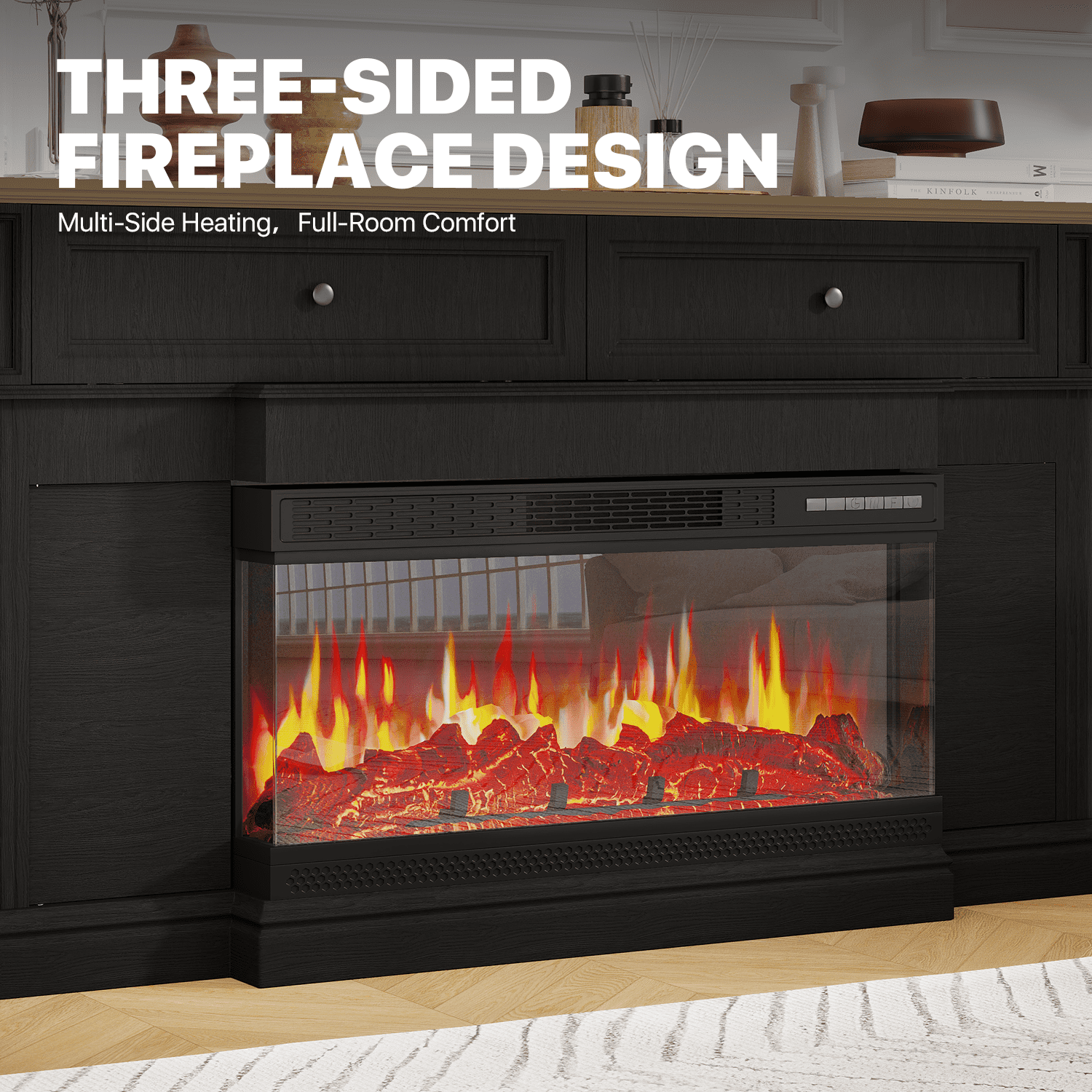 Sonegra Fireplace TV Stand for TVs up to 70" with 36" Fireplace, Farmhouse Entertainment Center with Fireplace, Wooden Media Console for Living Room, Black