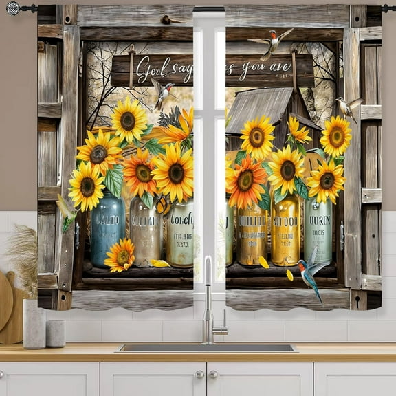 Sunflower Farmhouse Country Kitchen Curtains 27.5W X 39L Inch 2 Panel Vintage Yellow Floral Small Short Cafe Tier Curtains Barn Door God Says You are Bathroom Window Drapes Treatment