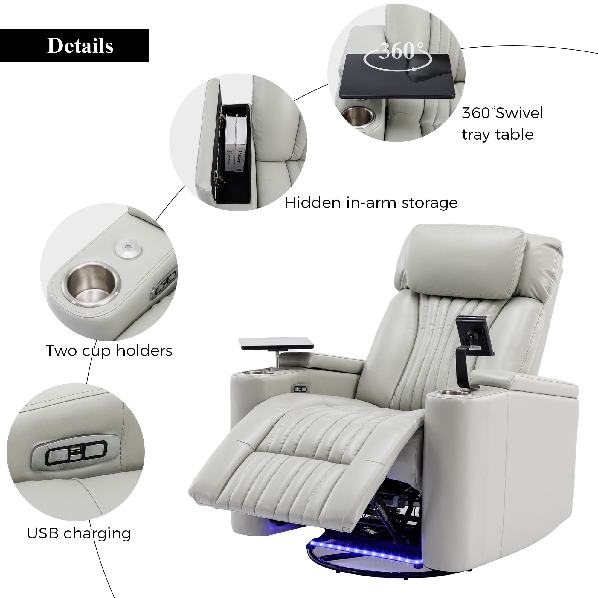 Harper & Bright Designs PU Power Swivel Recliner with Cup Holder, Home Theater Seating with Hidden Arm Storage and LED Light Strip, Grey