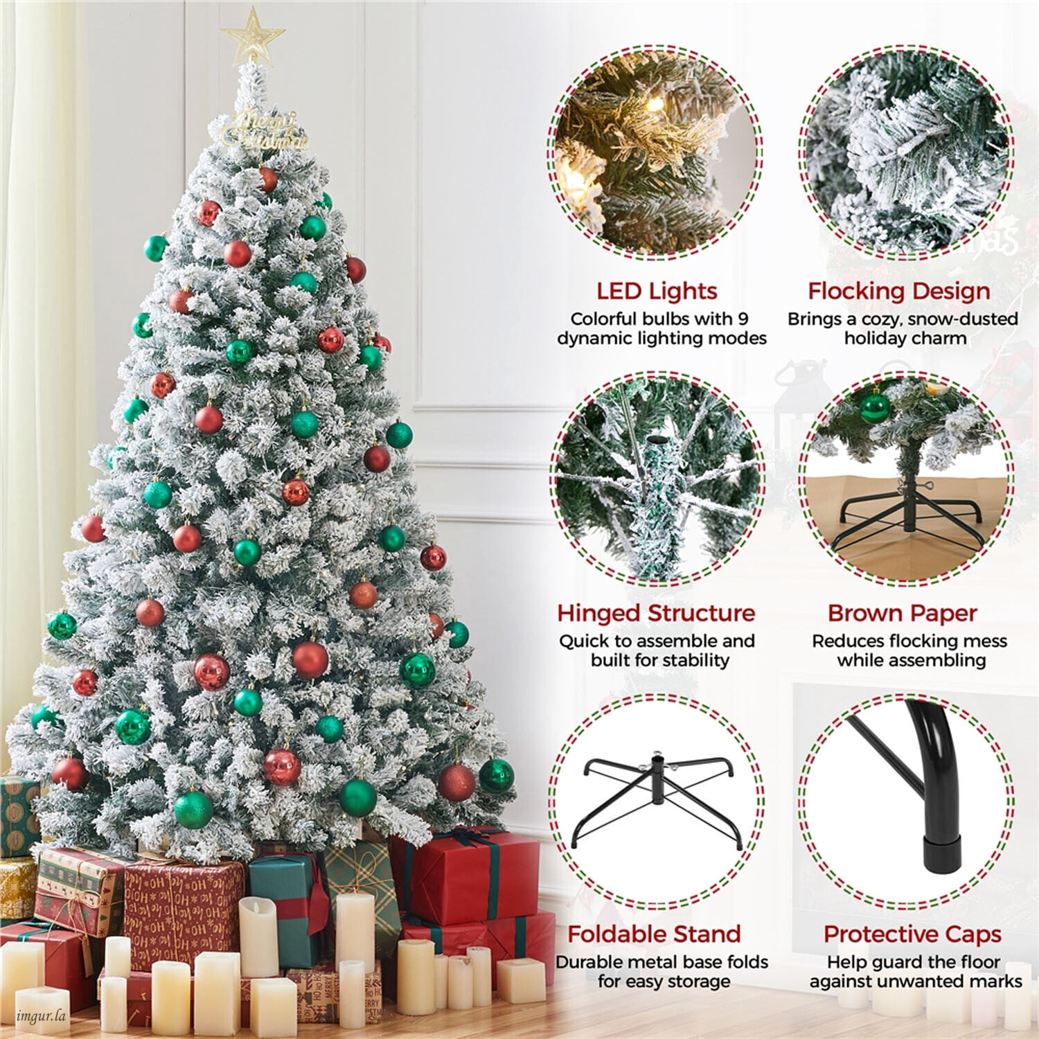 Alden Design 6FT Artificial Hinged Fir Pre-lit Flocked Christmas Tree with Foldable Stand and LED Lights,Green & White