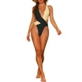 thumbnail image 2 of INSPIRE CHIC Traje de baño de una pieza para mujer, bañador con escote en V profundo y espalda cruzada, monokini grande en negro y beige, 2 of 5