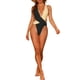 thumbnail image 2 of INSPIRE CHIC Traje de baño de una pieza para mujer, bañador con escote en V profundo y espalda cruzada, monokini en negro y beige mediano, 2 of 5