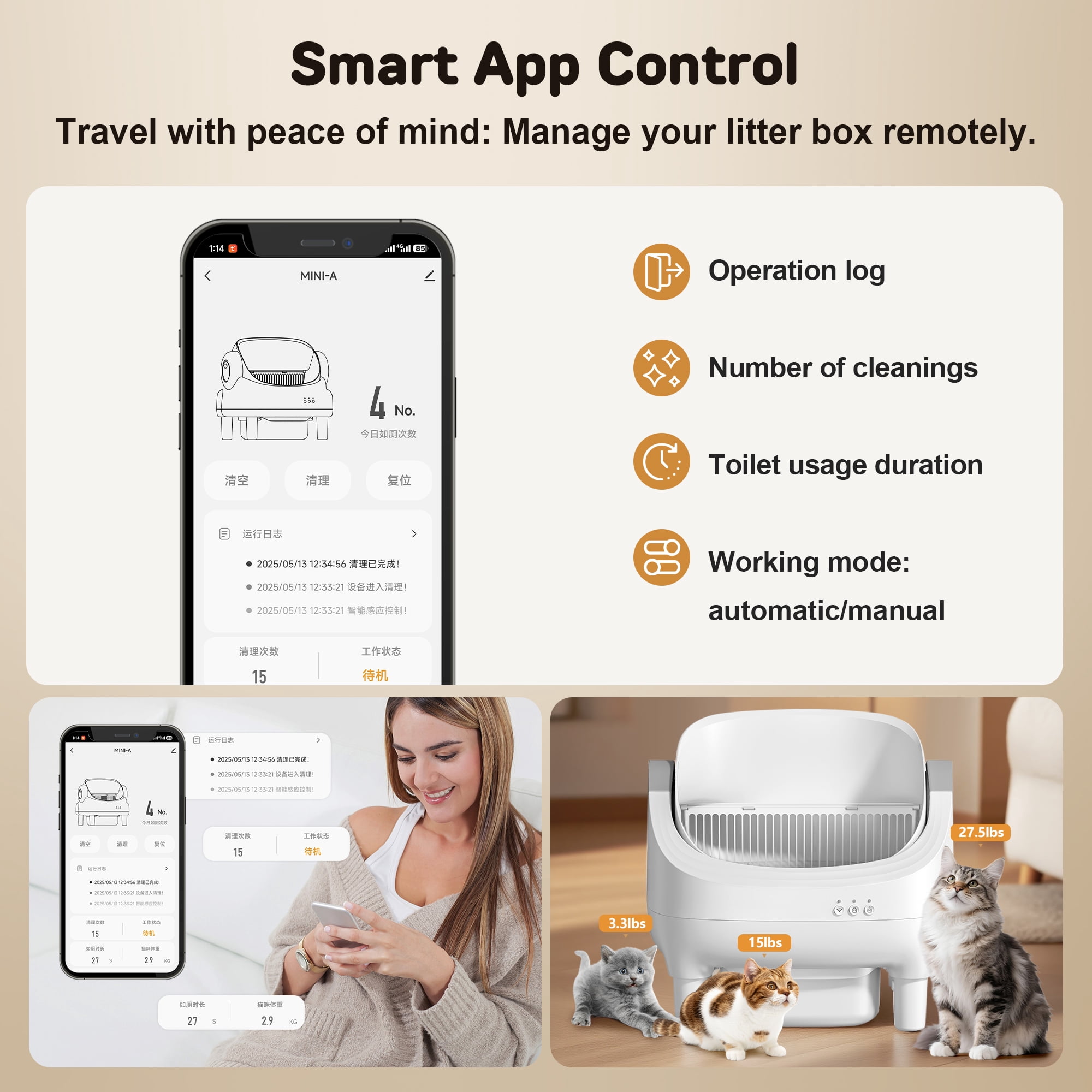 Osoeri Self Cleaning Cat Litter Box, Automatic Litter Box Self Cleaning ,Open Top Large Litter Box for Multiple Cats,with Safety Protection, APP Control,Odor Removal,Mat and Waste Bags Included, Gray
