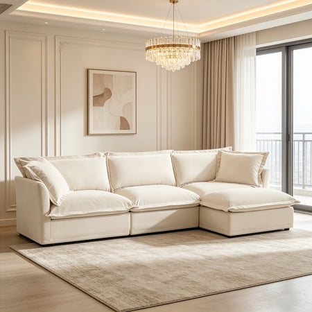 AUU L-Shaped Slipcovered Chenille Sectional Sofa, Deep Seat Cloud Couch with Convertible Ottoman and 2 Large Pillows, Oversized 3-Seater Set for Living Room or Office