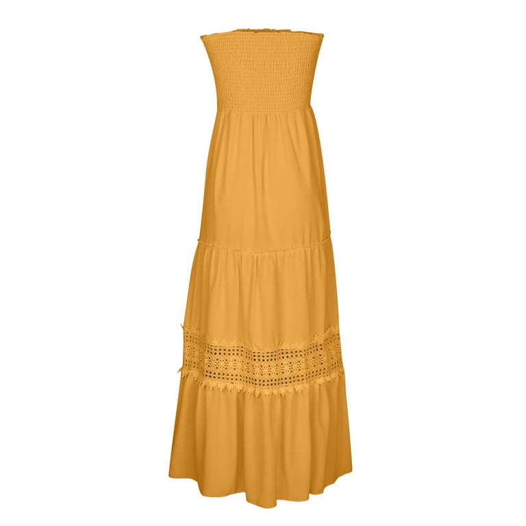 QIPOPIQ Womens Summer Strapless Long Maxi Dress Bandeau Guipure Lace Insert  Ruffle Hem Floral Beach Tube Dress - Walmart.com