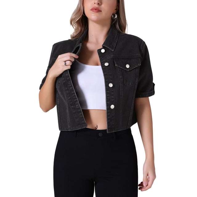 Chaqueta de mezclilla casual de mujer Inspire Chic con cuello de solapa, manga corta y botones, color negro