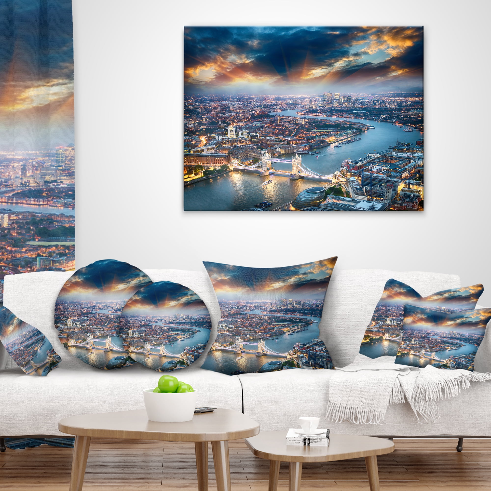 Designart Aerial View of London at Dusk - Cityscape Photo Throw Pillow - 12x20