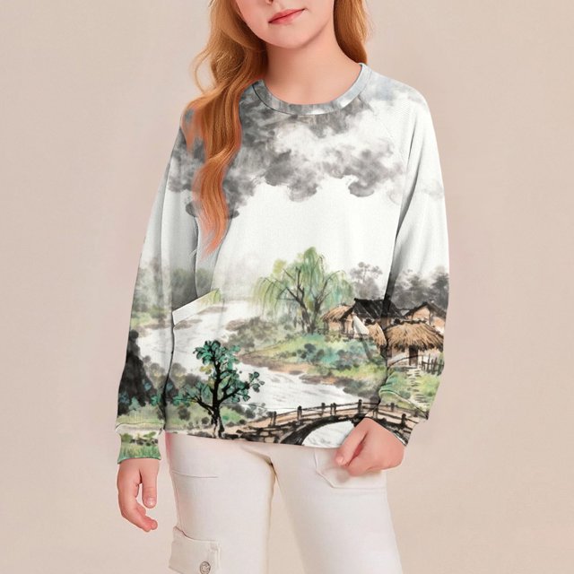 LIJCC Chandail à Manches Longues pour Fille, Imprimé Floral, Peinture Artistique à l'Encre, Col Rond, Tricoté, Extensible, Léger, Automne, Mode Décontractée