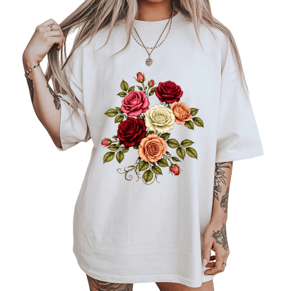 UNISHE Women's Vibrant Multi-Rose Graphic Tee Casual Crewneck Short Sleeve Floral Top