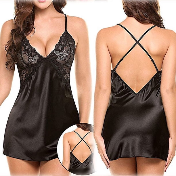 Europa y los Estados Unidos ropa interior sexy sexy imitación hielo seda espalda cruzada tirantes camisón divertido conjunto
