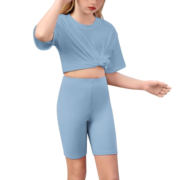 Eltusu Girls Outfit Sets, Solid Color Short Sleeve Crewneck T-Shirts & Shorts Sets Light Blue Size 10-12 T