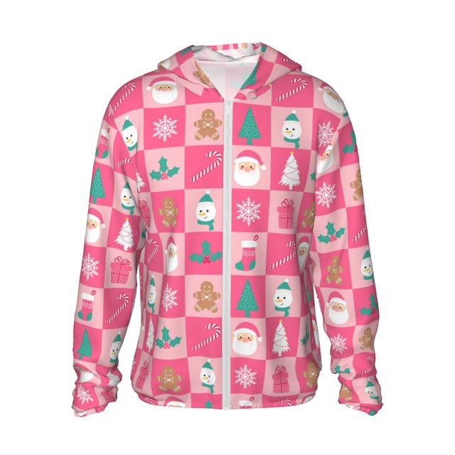 Fotbe Pink Christmas Cheer Chaqueta con Protección Solar UPF 50+ para Hombre y Mujer, Camisa con Capucha y Bolsillos-Small