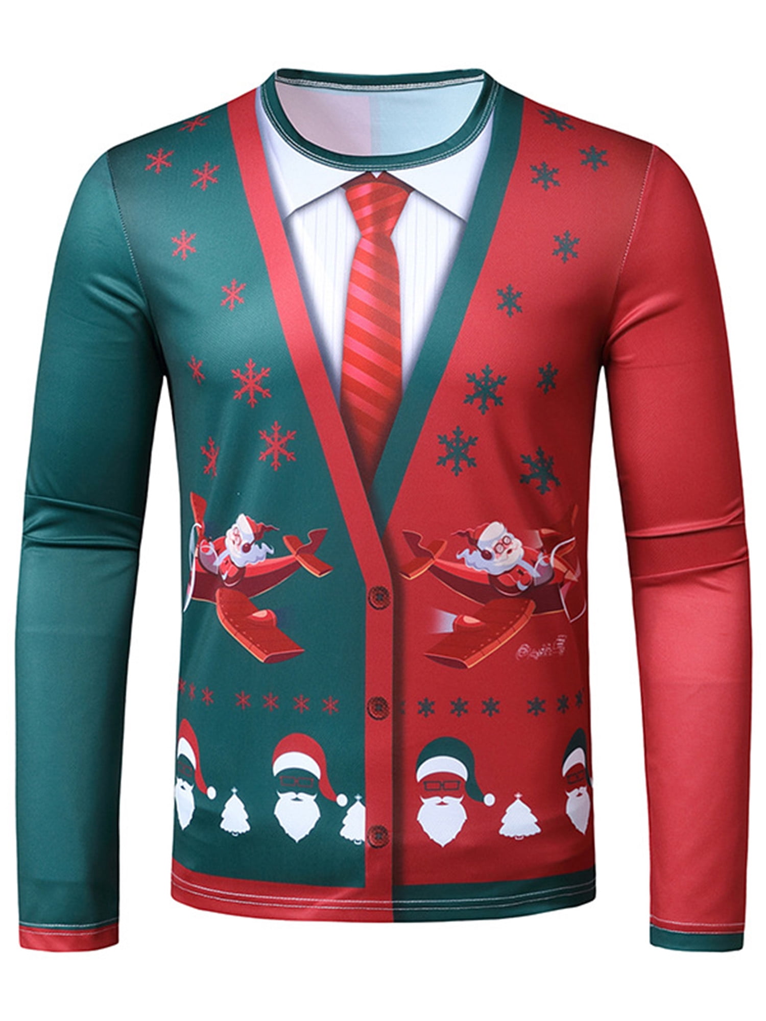 Innerwin T-Shirt de Noël à Manches Longues pour Hommes, Col Rond, Mode Basique Avion L