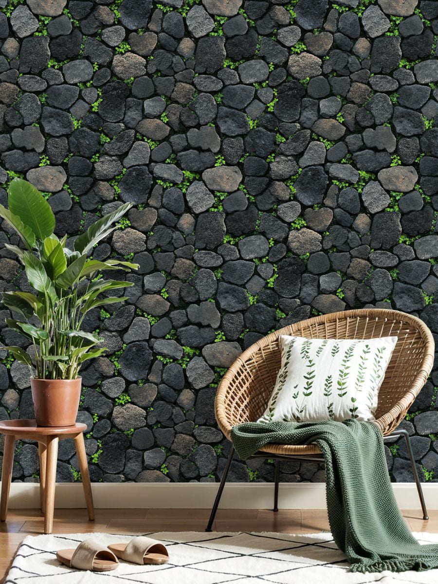 Peel and Stick Wallpaper Moss Clovers Growing Between Stones Vintage Wall Mural 17.7in x 9.8ft Self Adhesive Removable Wall Paper Renter Friendly Wallpaper for Bedroom Livingroom Office Studio