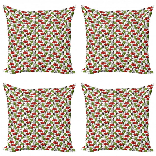 Floral Throw Pillow Cushion Case Pack Of 4 Close Up View Of Blooming Poppy Flowers And Leaves Modern Accent Double Sided Print 4 Sizes Vermilion Lime Green By Ambesonne Walmart Com Walmart Com