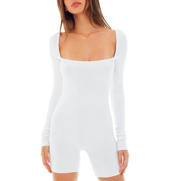 Women Tight Jumpsuit Square Neck Long Sleeves Romper Solid Color Summer Yoga Sports Gym Bodysuit