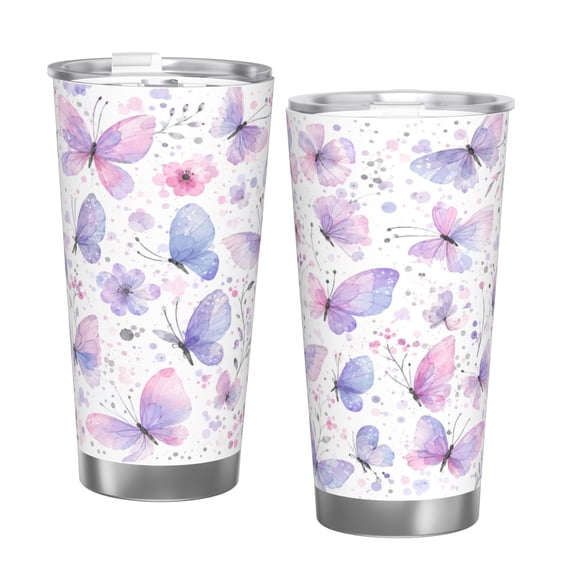 20oz Watercolor Butterfly Tumbler with Handle and Straw Stainless Steel Insulated Travel Coffee Cup Gift for Women with Single Silver Rim
