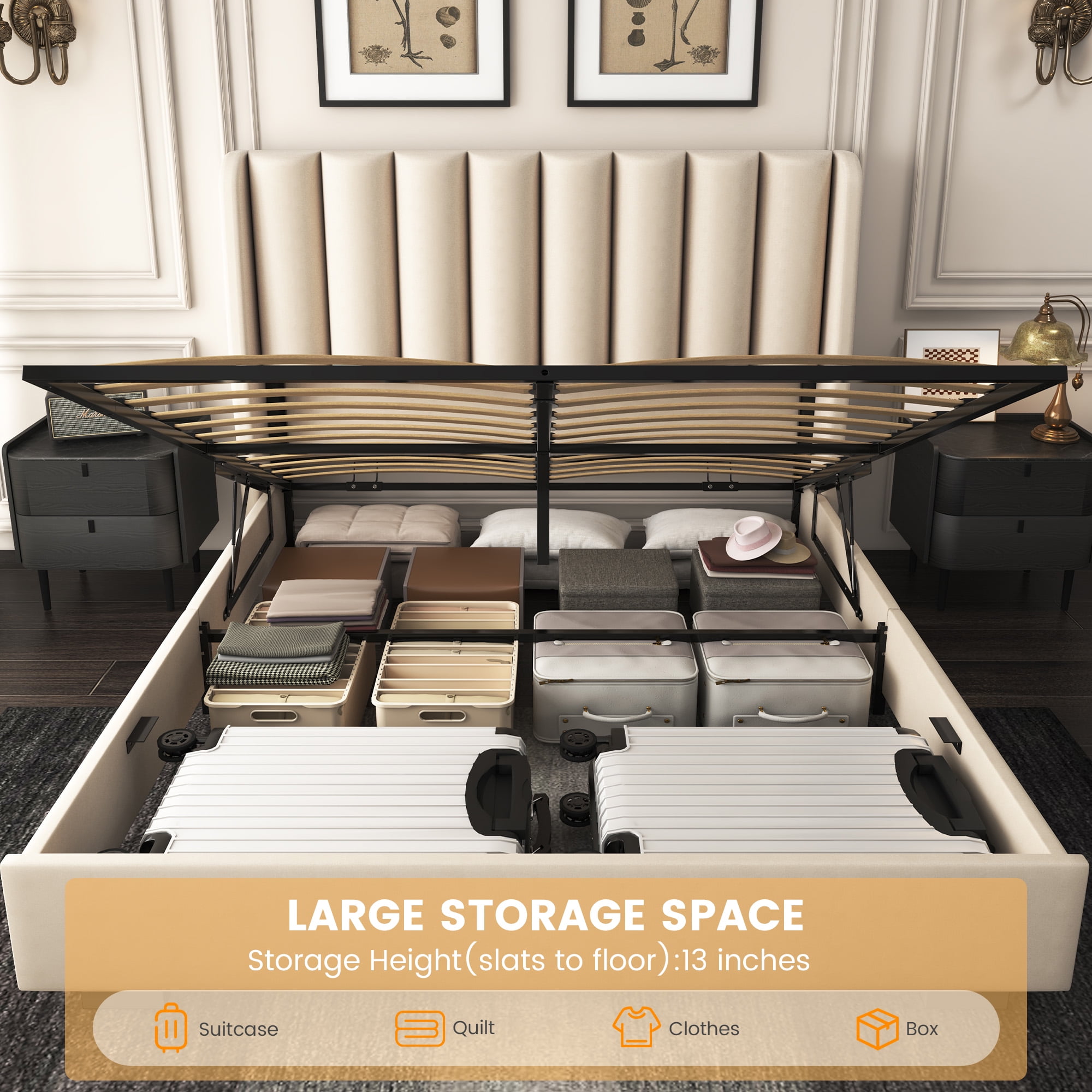 Queen Size Lift Up Storage Bed Frame with 51" Tall Headboard, Upholstered Velvet Wingback Tufted Platform Bed, No Box Spring Required, Noise-Free Queen Bed Frame with Hydraulic System (Queen,Beige)