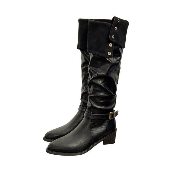 Dasayo Knee-High Woman Boots Black Slouchy Wide Calf Low Heel Faux Leather Buckle Shoes Shoes for Women 36