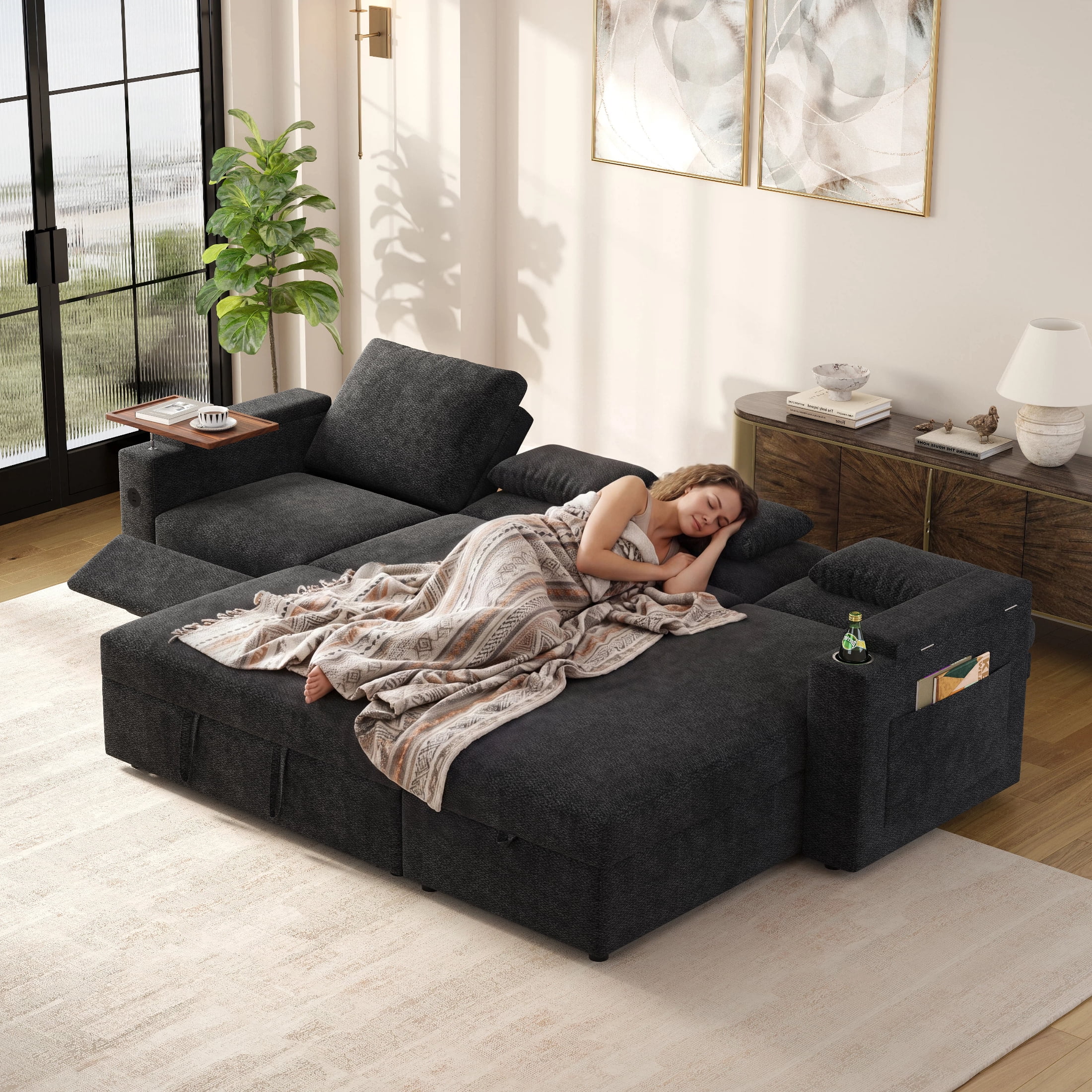 AISWORD 108" 3-in-1 Convertible Pull Out Sofa Bed, 6 Position Adjustable Sleeper Couch with USB Ports, Laptop Table, Cup Holders & Side Storage Pockets, Black