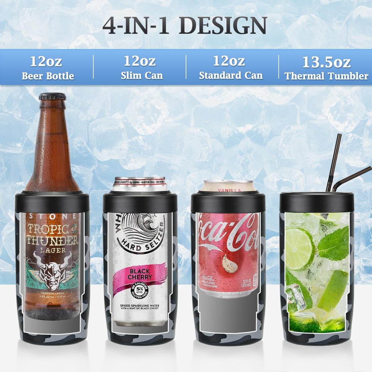 Jslove 4 in 1 Insulated Can Cooler - Universal Size for 12 oz Cans, Slim Cans, and Bottles - Camouflage