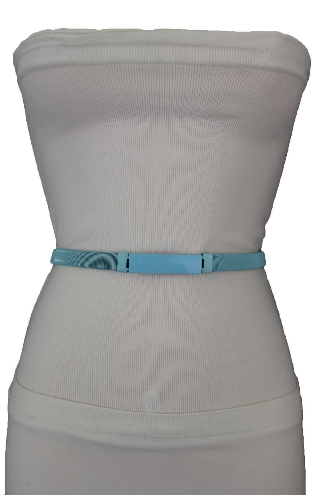 Women Fashion Narrow Belt Thin Hip High Waist Baby Blue Elastic Metal