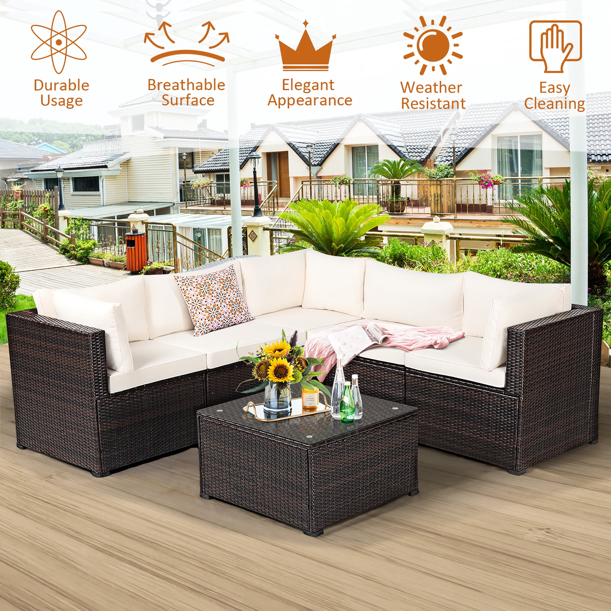 Costway  6PCS Patio Rattan Furniture Set Sectional Cushioned Sofa Deck Beige