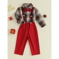 thumbnail image 3 of Liacowi Toddler Boy 2 Piece Christmas Gentleman Suit Long Sleeve Plaid Button Shirt with Bow Tie + Suspenders Pants Christmas Formal Outfit 9M-4T, 3 of 8