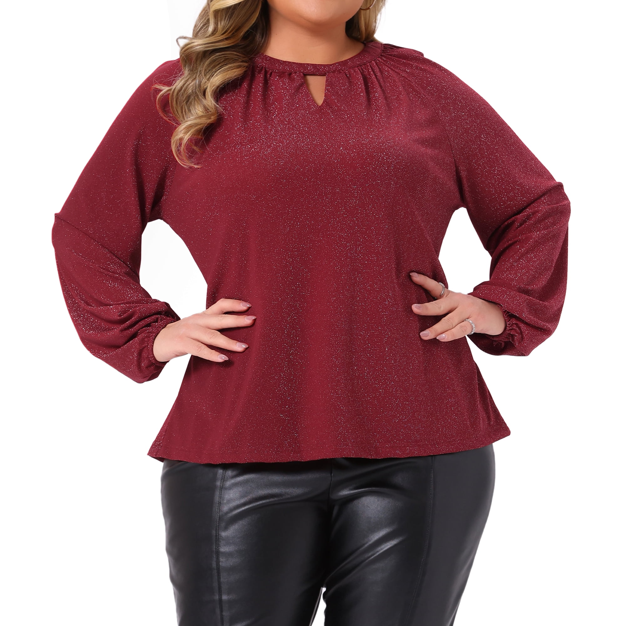 DARING DIVA Women's Plus Glitter Keyhole V Neck Blouses 2X Burgundy