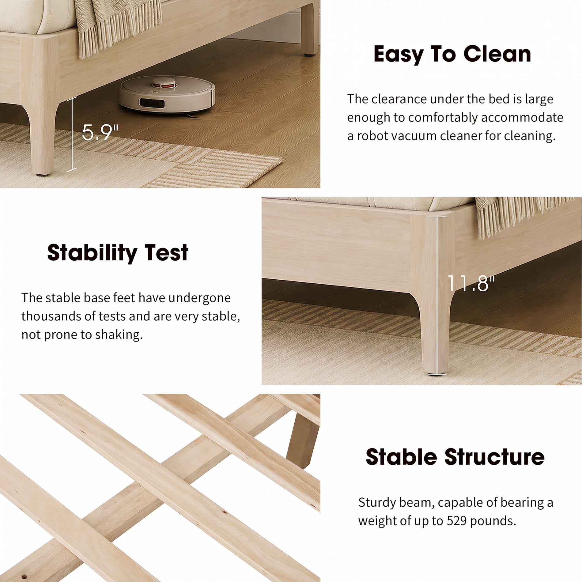 Queen Size Bed Frame with Rattan Headboard, Wooden Bed Frame with Solid Wood Legs and Multiple Mid-Position Supporting Beams for Bedroom Furniture, Quiet and Stable, Beige