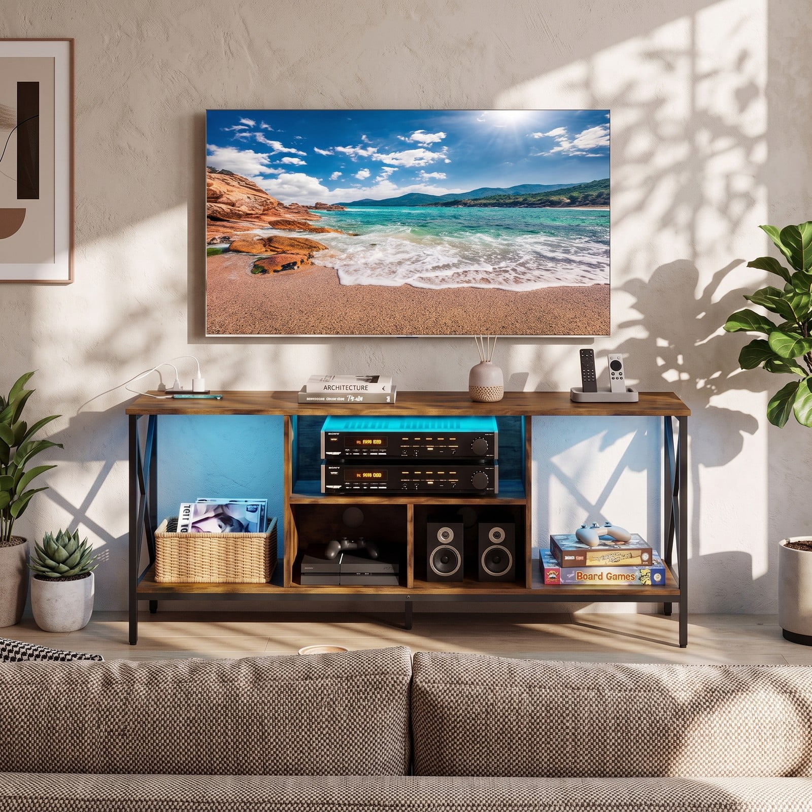 Furnibear LED TV Stand for 65 Inch TV, Entertainment Center with Power Outlets and USB Charging Station, Modern Media Console with 5 Open Shelves and, Rustic Brown