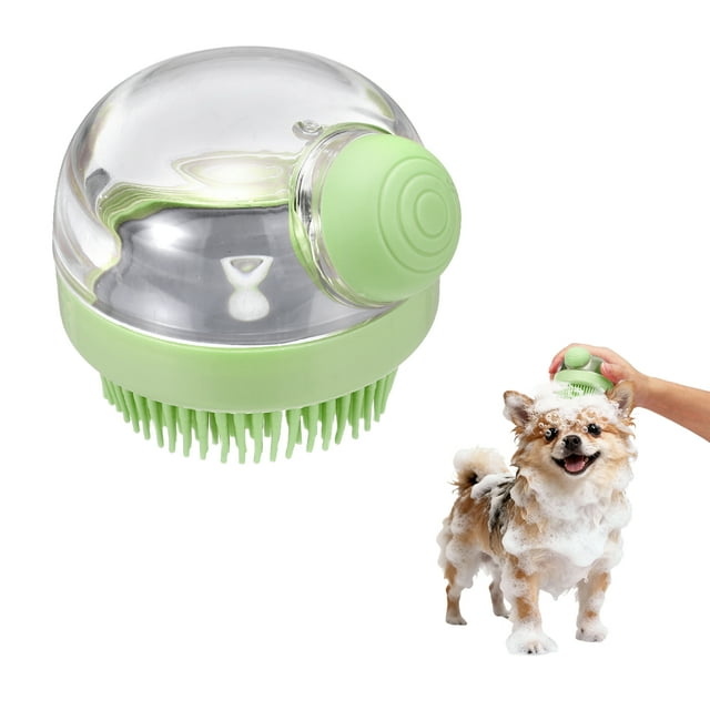 Uxcell Pet Bath Brush, Round Dog Shampoo Brush New 2 in 1 Grooming Massage Scrubber Bubble Maker Built-in Shampoo Dispenser(Fine Bristled,Green), for Long Short Hair Cats Shower