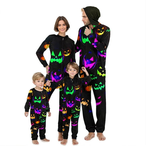 AGWOLF Matching Halloween Pajamas for Family Matching Pjs Sets Long Sleeve Onesie Pajamas Cute Ghots Print Zipper Hooded Jammies Sleepwear Mom S