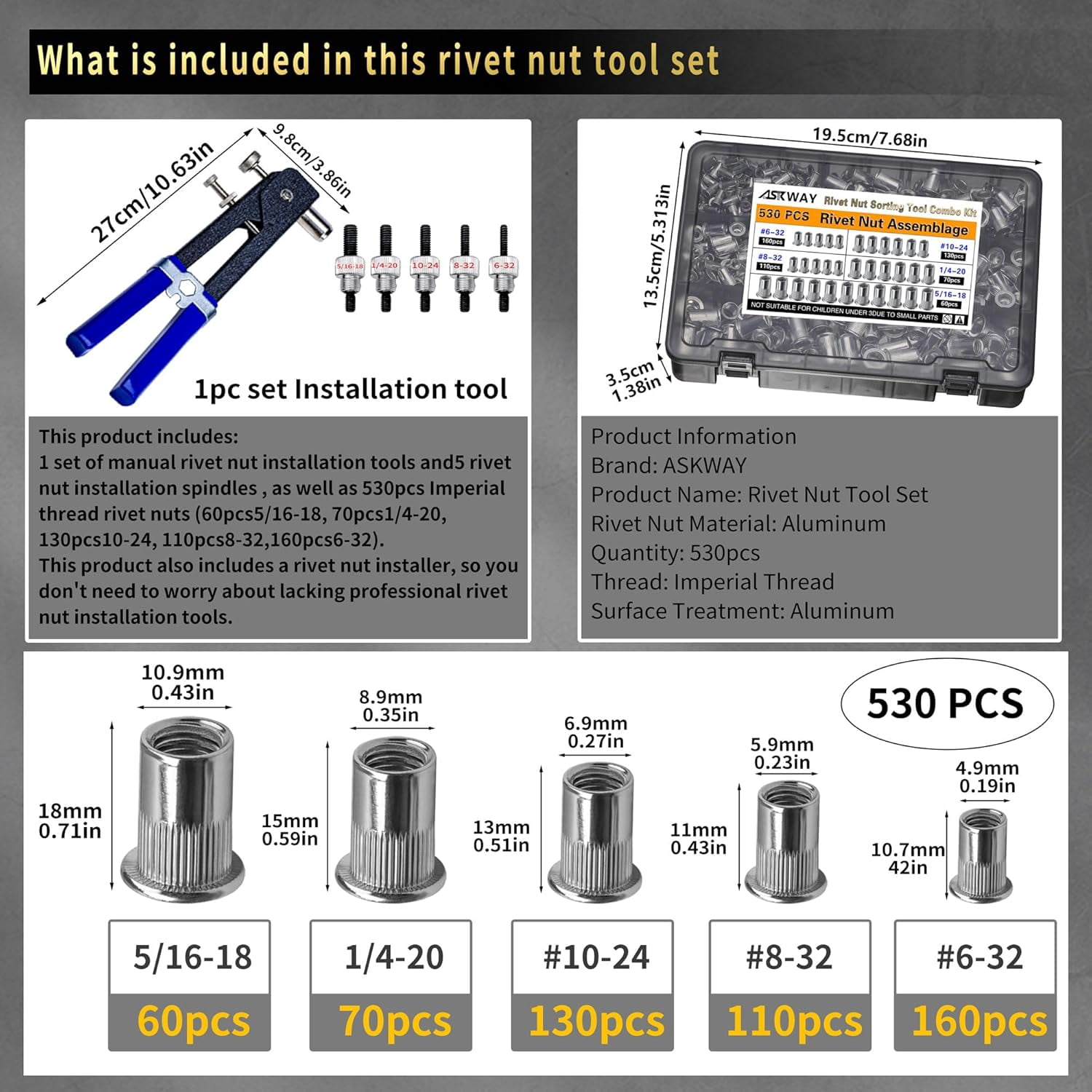 SAE Pressure Rivet Nut Tool Kit 530pcs, inch Rivet Nut Combination （5/16-18、1/4-20、10-24、8-32、6-32）,Suitable for Automotive, and Industrial Applications (SAE 530pcs Aluminum Rivet Nut)