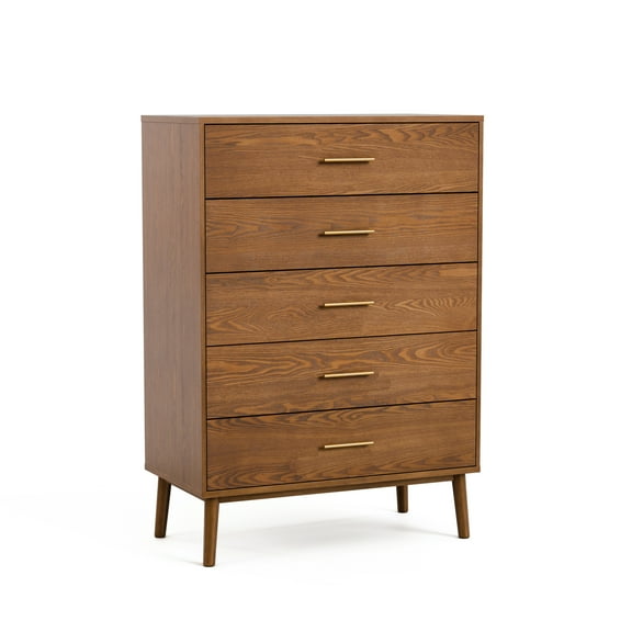 Furniture of America Erik Adult Mid-Century 5-Drawer Bedroom Wood Vertical Dresser, Walnut