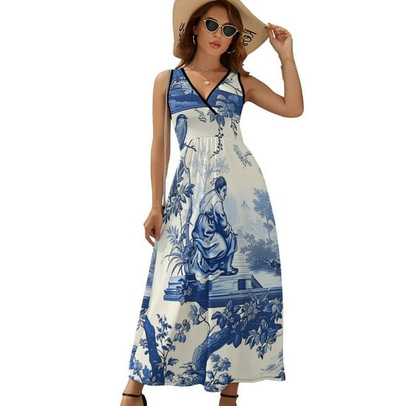 Blue Chinoiserie Toile Pattern Bird Tree Womens Night Club Maxi Dress V Neck Sleeveless Bohemia Long Dresses