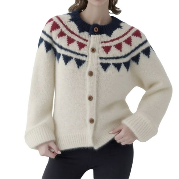 Fgnfyis Fair Isle Knit Womens Cardigan with Round Neck Loose Fit Soft Stylish Pullover Sweater Beige XL
