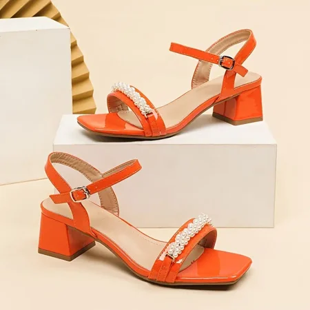 

Women‘s Faux Pearl Chunky Heeled Sandals Orange Square Open Toe Ankle Strap Block Heeled Sandals Women‘s Fashion Shoes