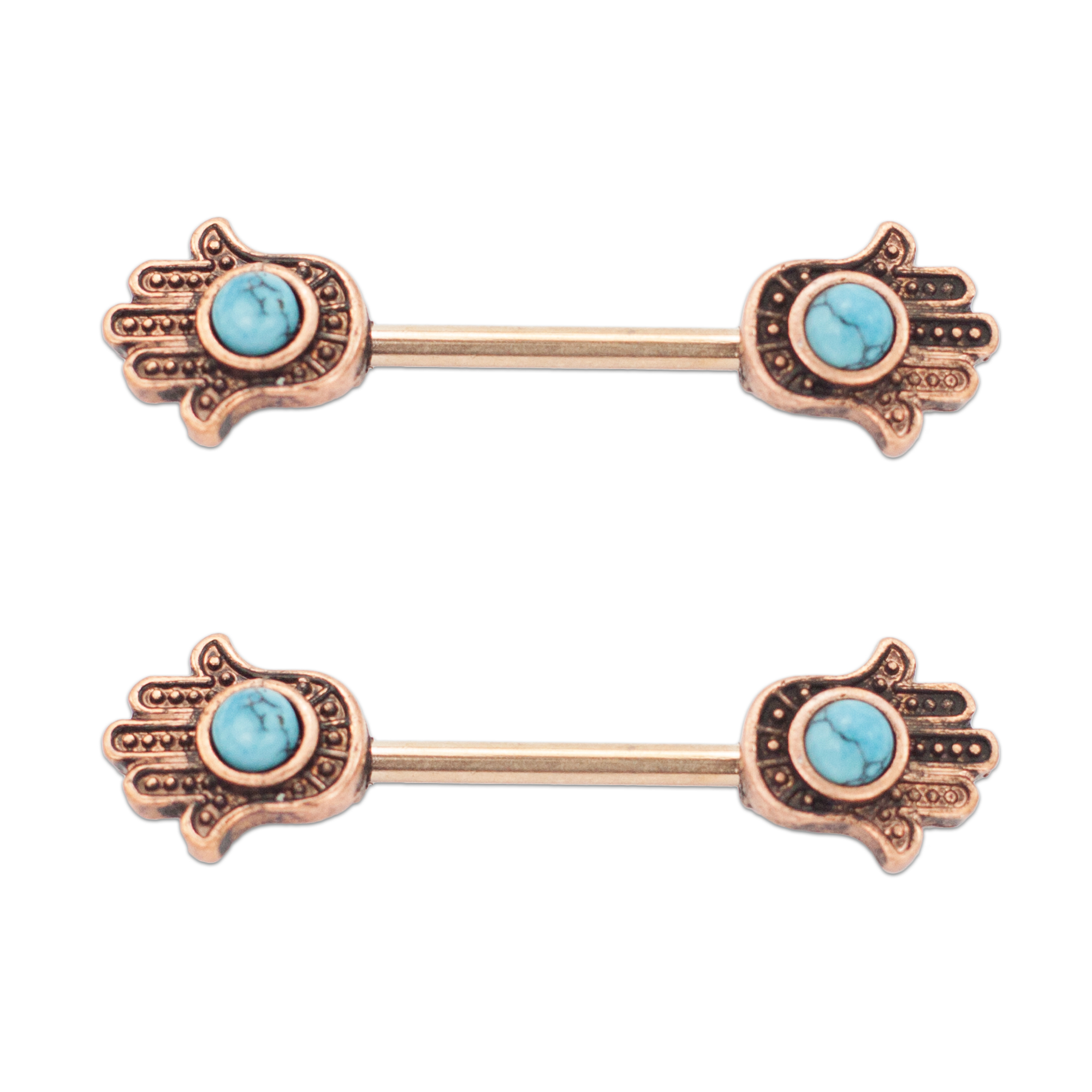 Pierce2GO 14G Stainless Steel Hamsa Hand with a Light Blue Stone Nipplerings Piercing Women Nipple Ring 9/16" Barbell (Rose Gold)
