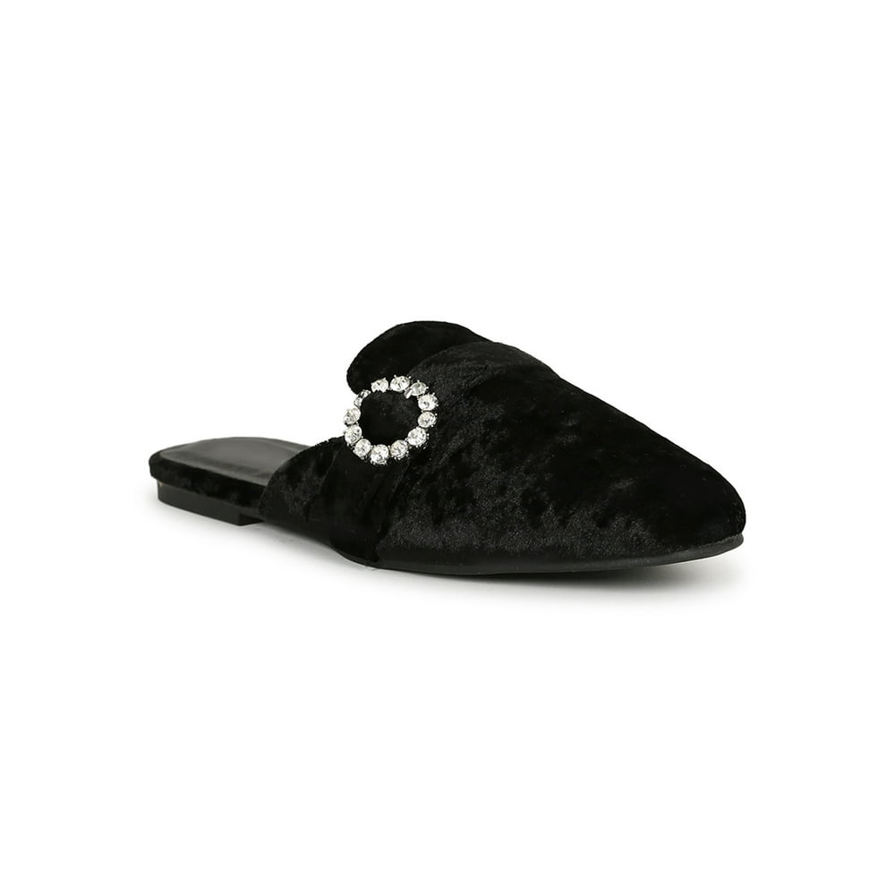 FlexRM Women's Velvet Rhinestone Buckle Accent SlipOn Flat Mules