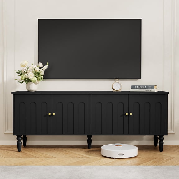 Onespruce 60" Mid-Centry Modern TV Stand for up to 65" TV, Arched Fluted Door & 4 Cabinet, Wood Entertainment Center TV Console, Under TV Cabinet for Living Room, Bedroom, Black