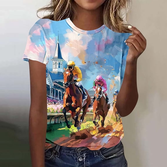 WXLWZYWL Women's Horse Racing Print Plus Size T-shirt, Summer Casual Short-Sleeve Round-Neck Comfortable Womens Tops