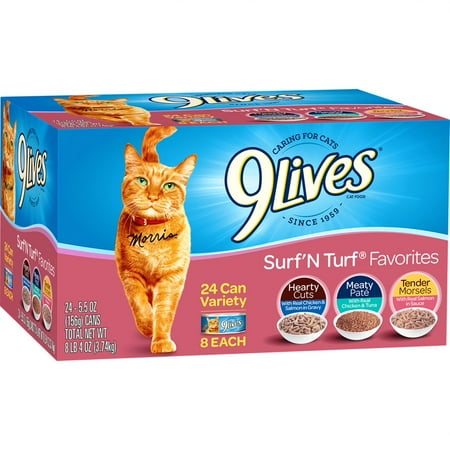 - (24 Pack) 9Lives Surf N Turf Favorites Wet Cat Food Variety Pack, 5.5 oz. Cans