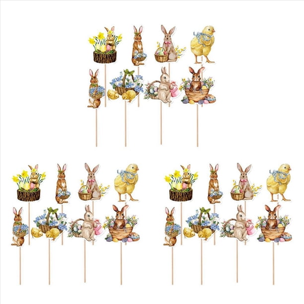 24 Piezas Pollito Conejo Huevo Estilo Cupcake Topper Festival de Pascua Fiesta de Cumpleaños Decoraciones para Baby Shower