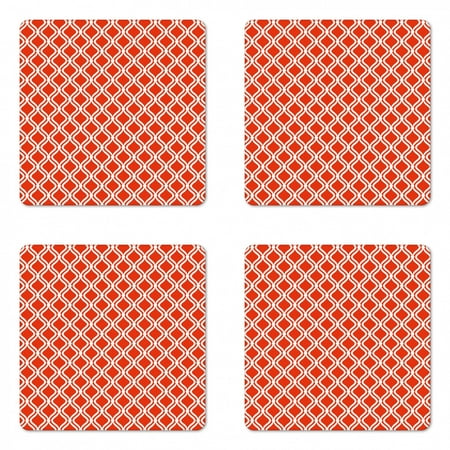 

Vintage Coaster Set of 4 Abstract Pattern with Warm Toned Monochrome Lattice in Nostalgic Design Square Hardboard Gloss Coasters Standard Size Vermilion and White by Ambesonne