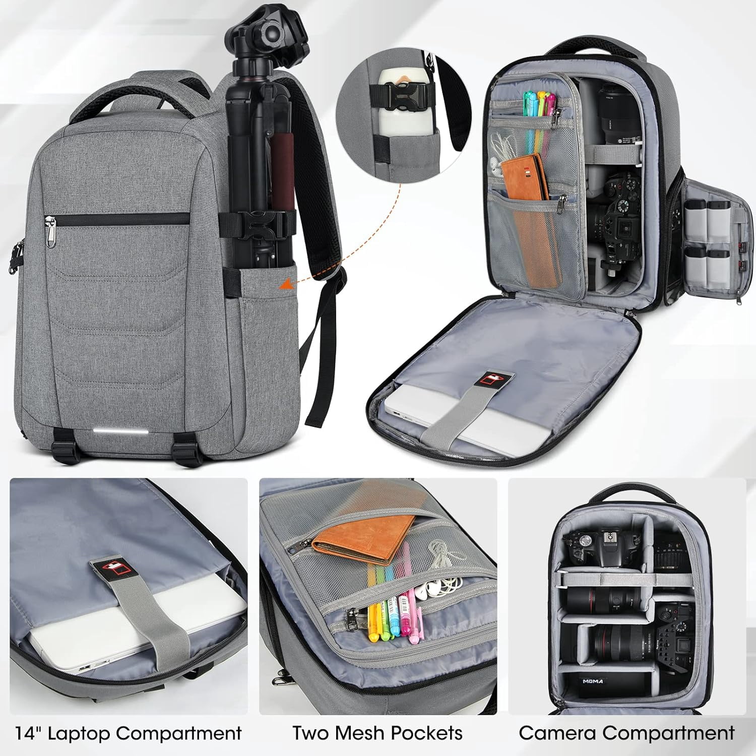 Camera Bag Backpack Professional for DSLR SLR Mirrorless Camera Waterproof Laptop Back Pack 14 Inch with Rain Cover Anti Theft Travel Case Large Capacity Photography Backpack Black