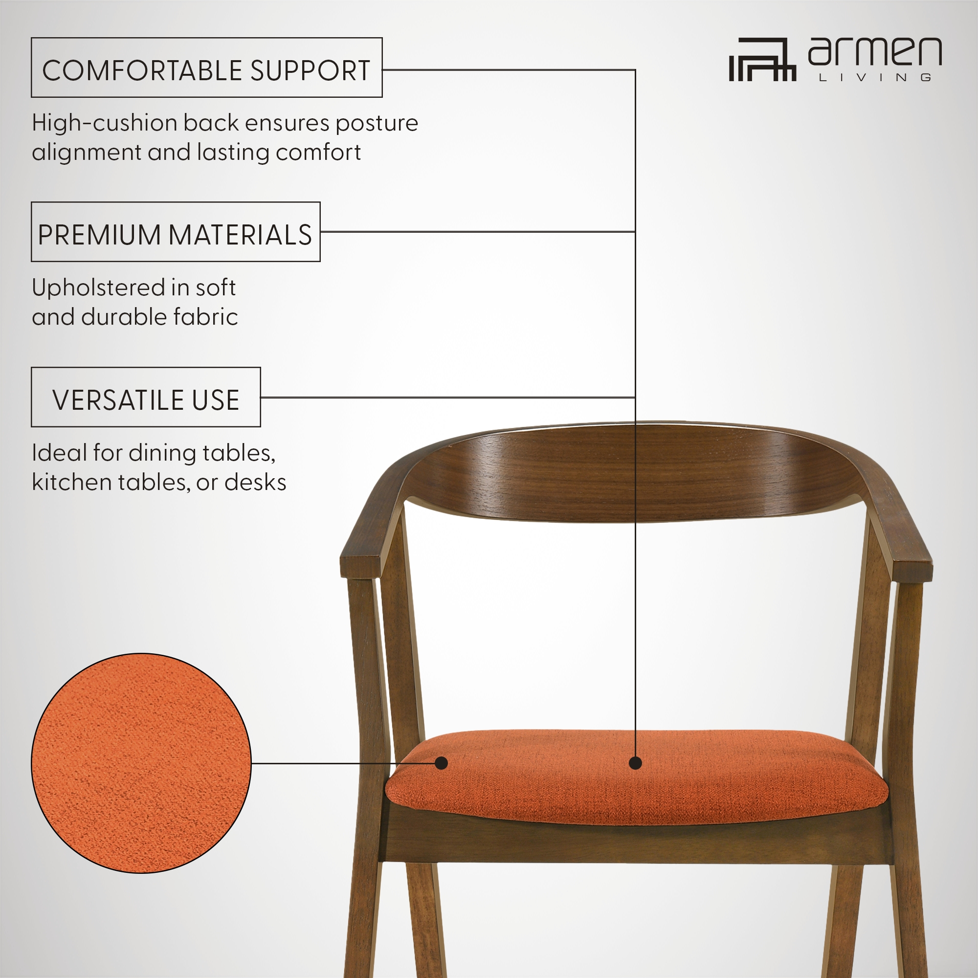 Santana Wood Dining Chair in Walnut Finish with Orange Fabric - Set of 6