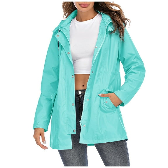 Lyinloo Women Hooded Waterproof Zipper Mid-length Windproof Waterproof Raincoat Jacket Light Blue S